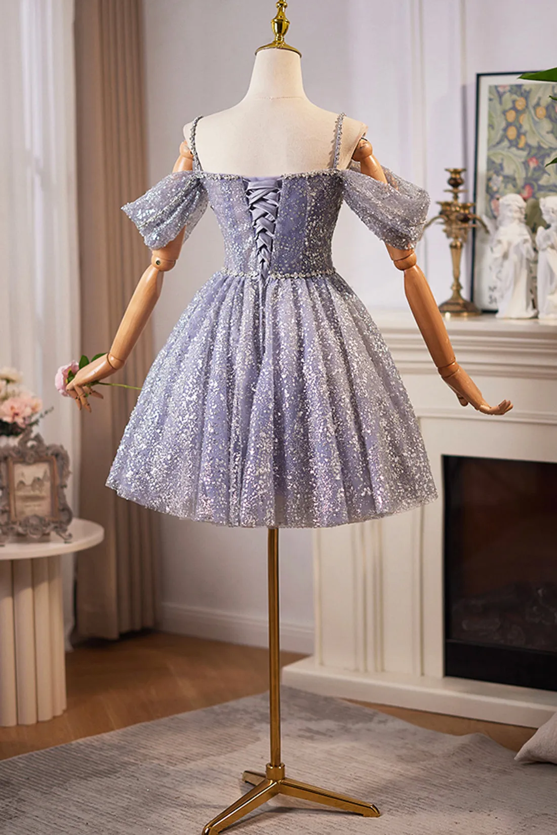 A-Line Tulle Sequins Knee Length Prom Dress, Off the Shoulder Evening Party Dress