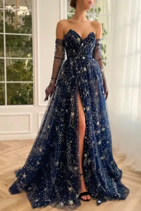 Beautiful Strapless Tulle Long Prom Dress, A-Line Dark Navy Evening Dress