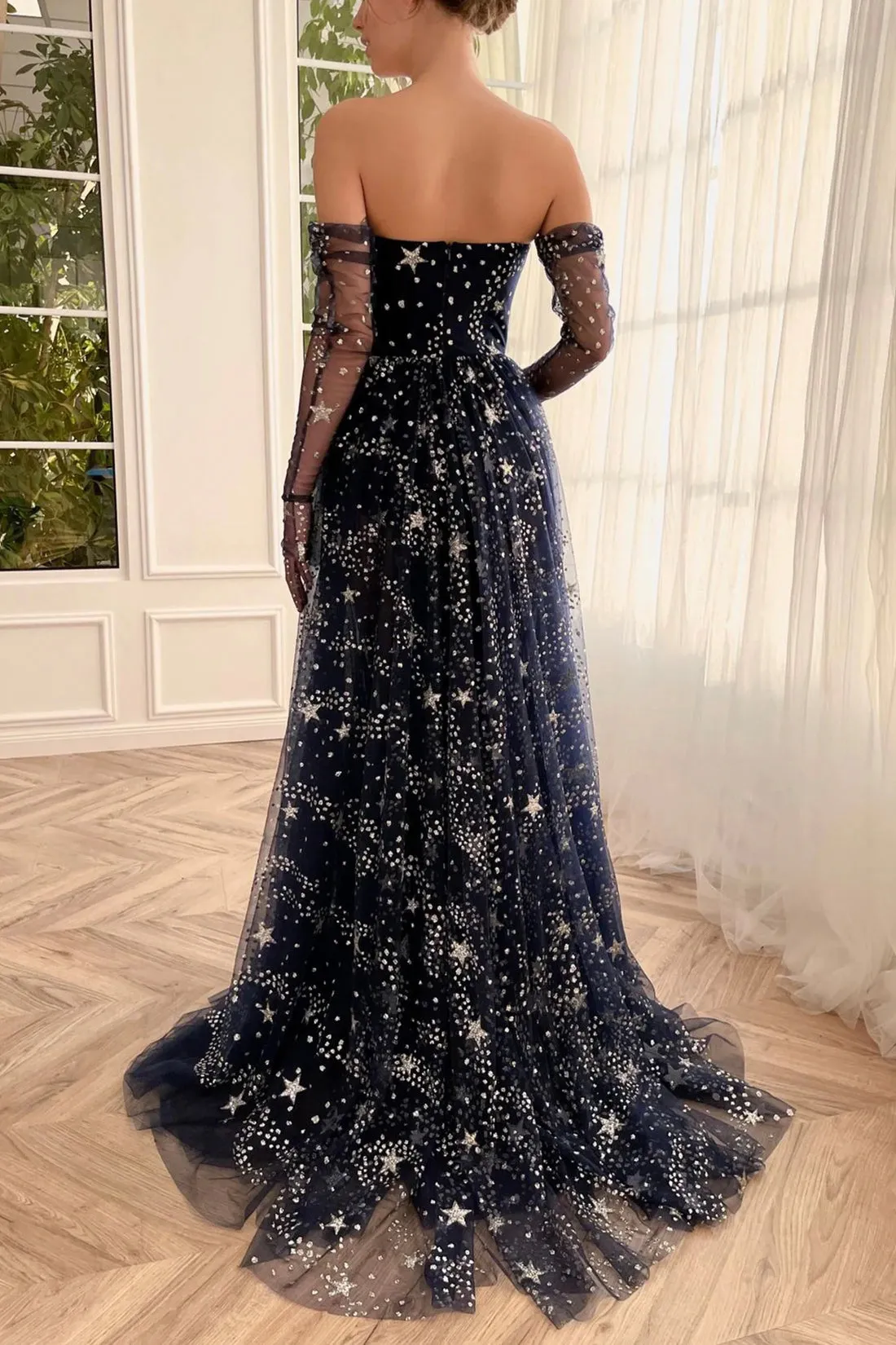 Beautiful Strapless Tulle Long Prom Dress, A-Line Dark Navy Evening Dress