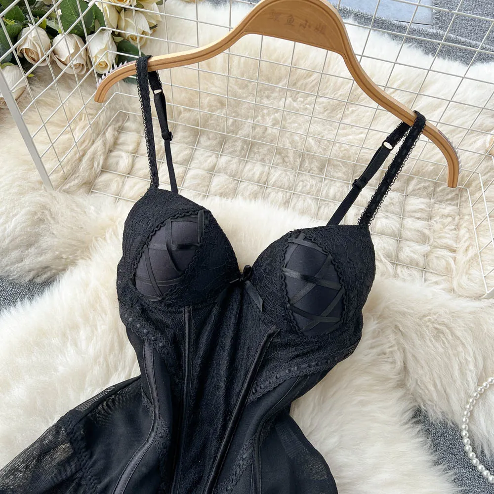 Black Lace Patchwork Halter Dress