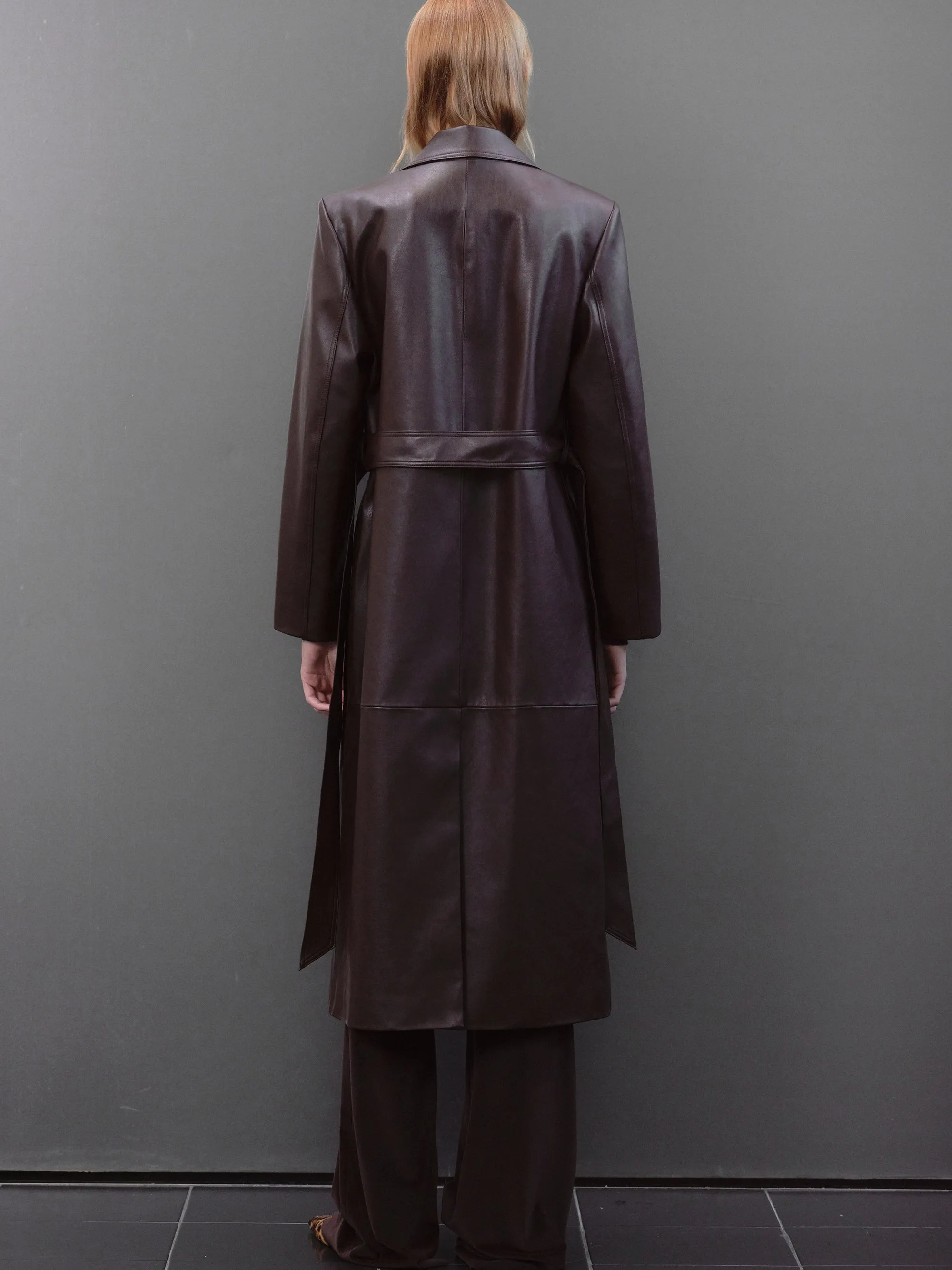 Briella Leather Trench Coat, Aubergine