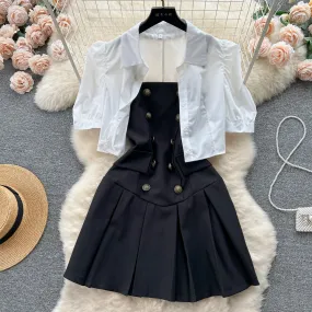 Bubble-sleeve Blouse&Halter Pleated Dress