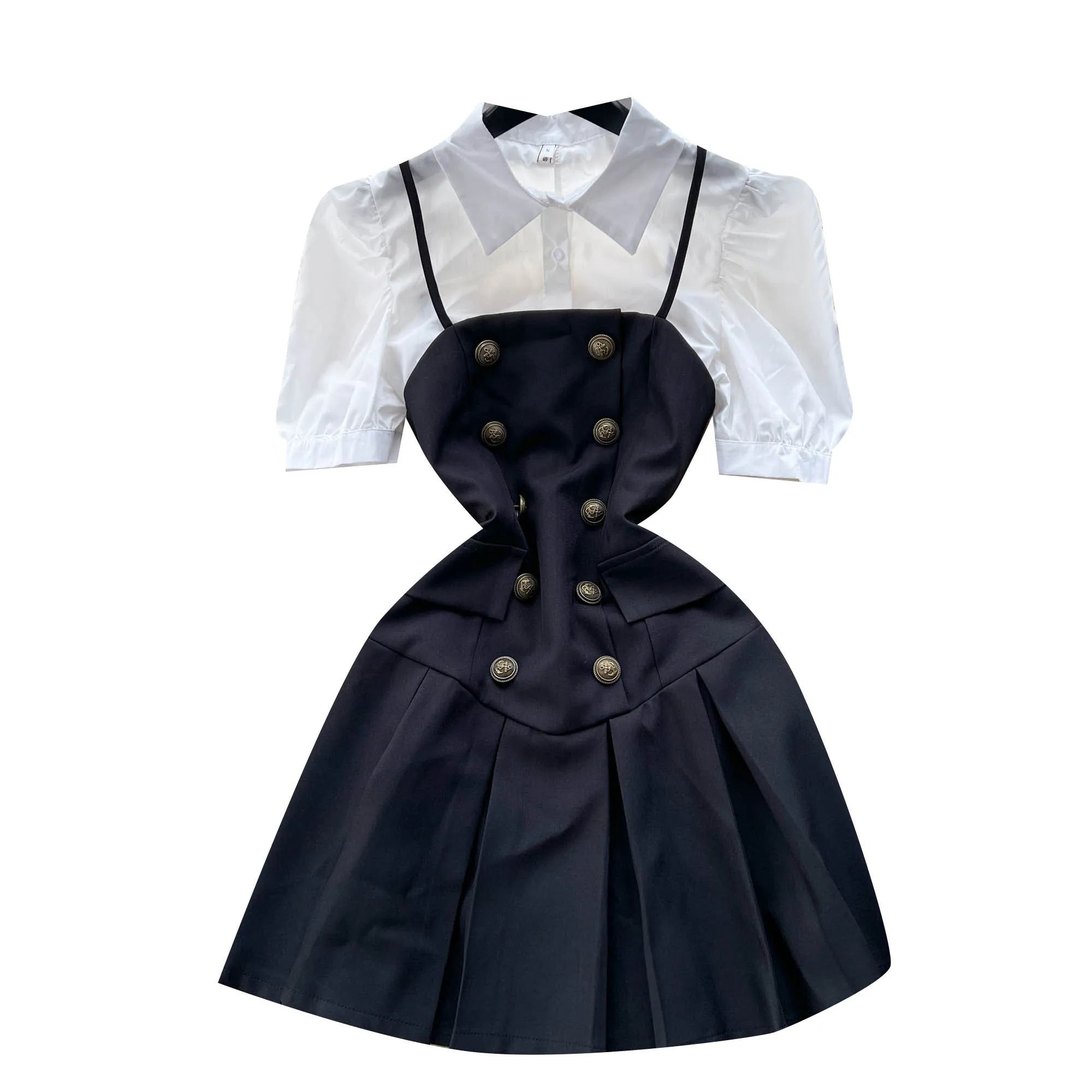 Bubble-sleeve Blouse&Halter Pleated Dress