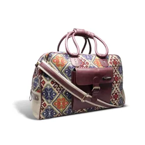 Cherry Red Leather & Vintage Fabric Duffle Bag