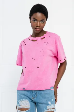 Distressed Pastel Acid Wash Boyfriend T-Shirt - Pink