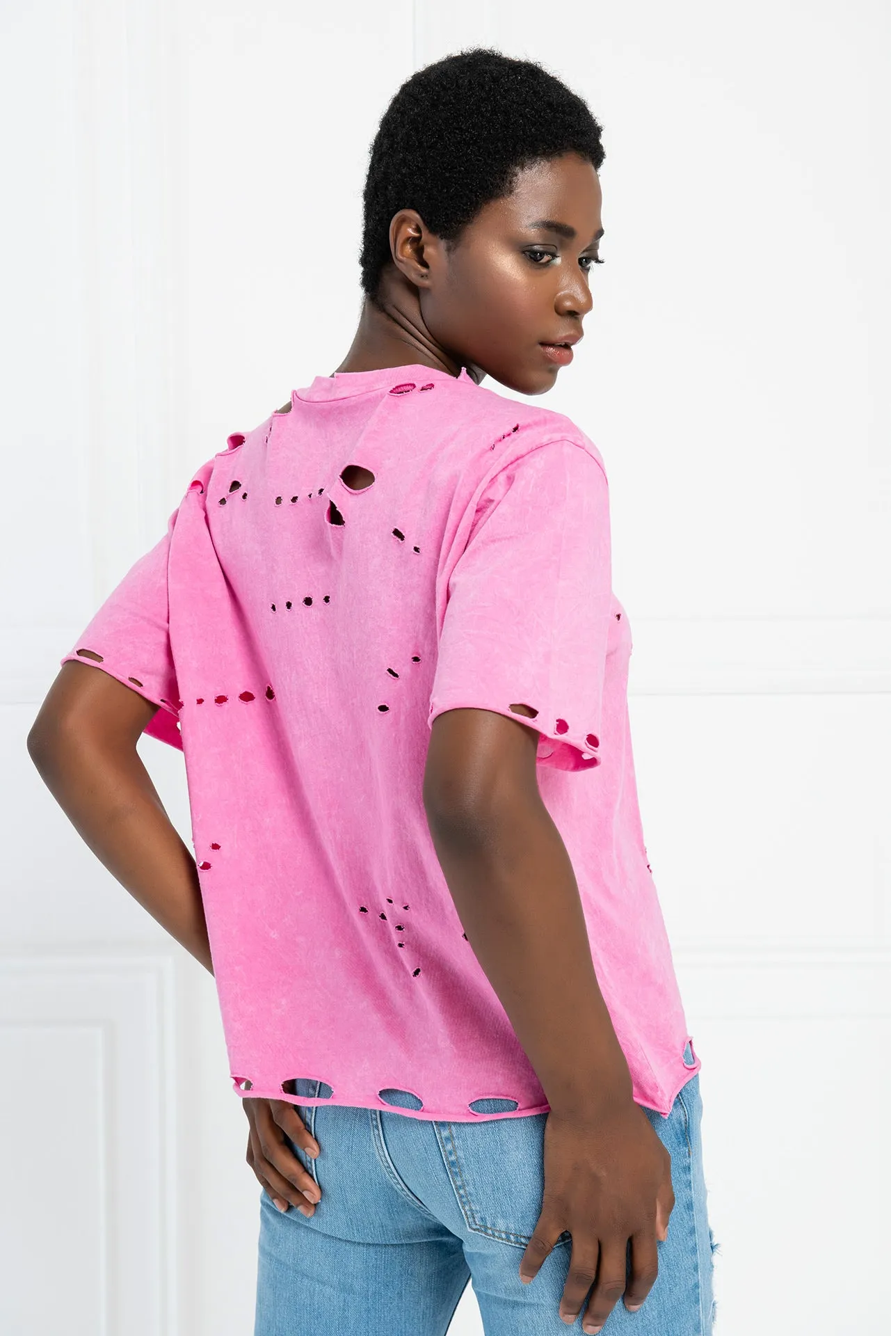 Distressed Pastel Acid Wash Boyfriend T-Shirt - Pink
