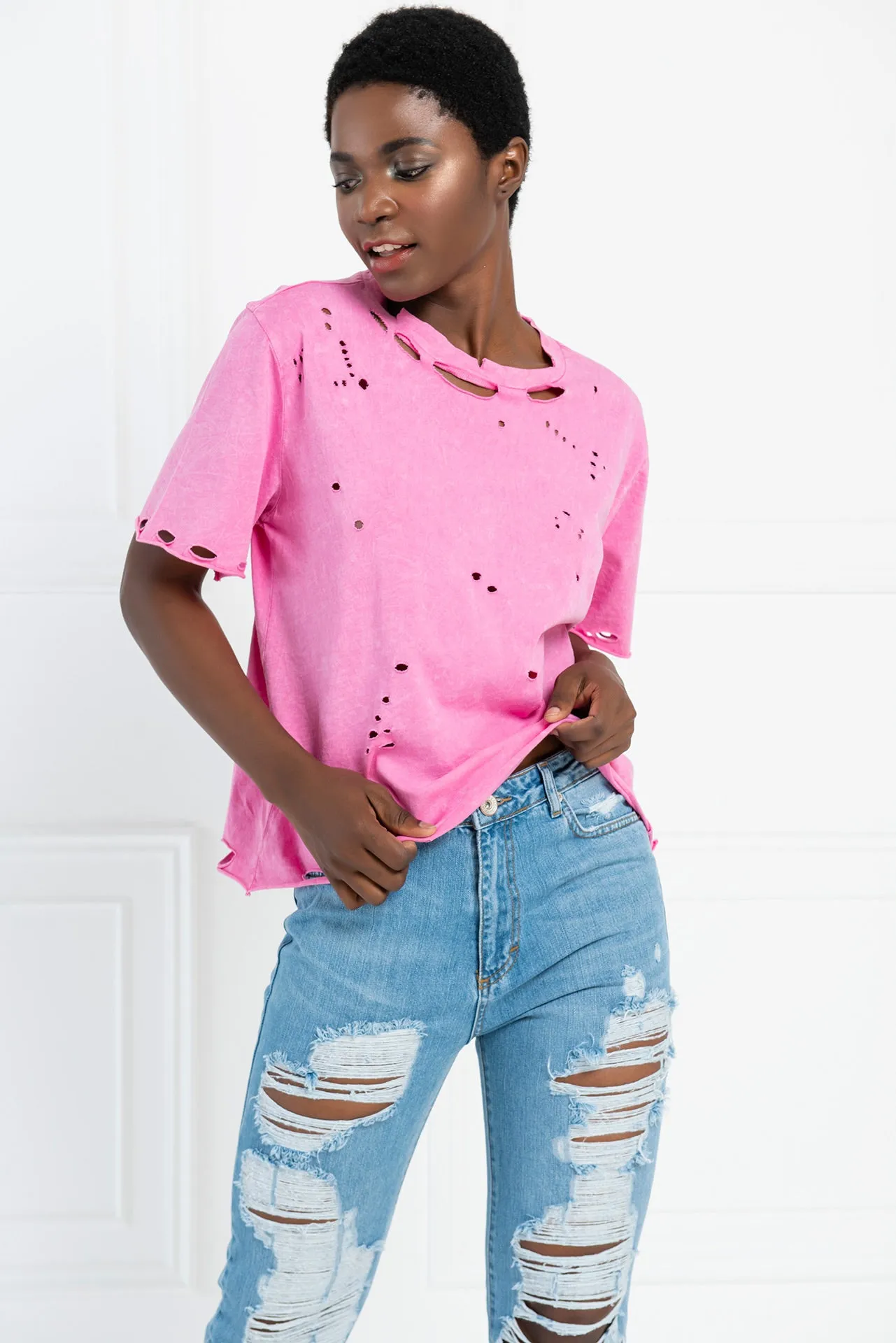 Distressed Pastel Acid Wash Boyfriend T-Shirt - Pink