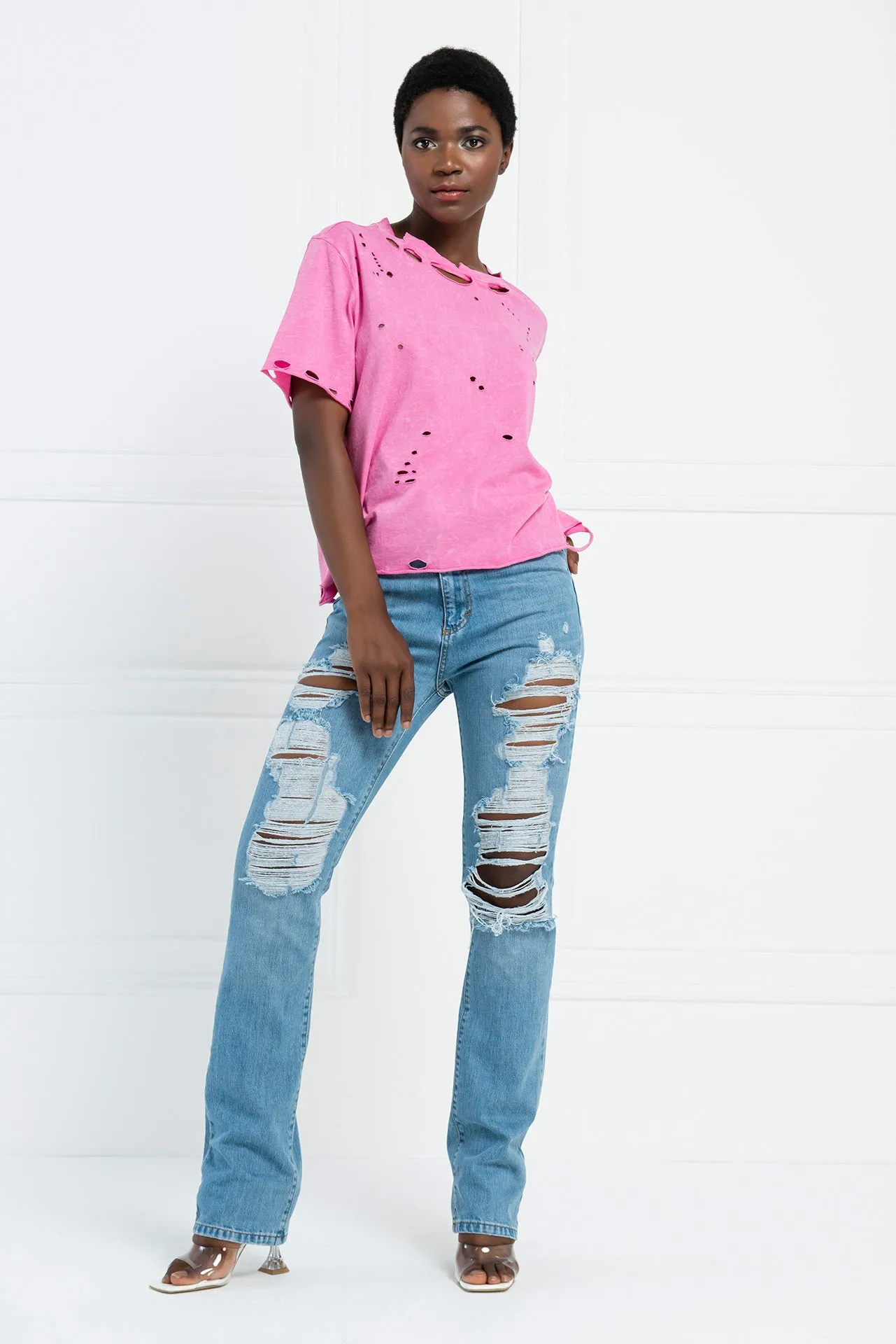 Distressed Pastel Acid Wash Boyfriend T-Shirt - Pink