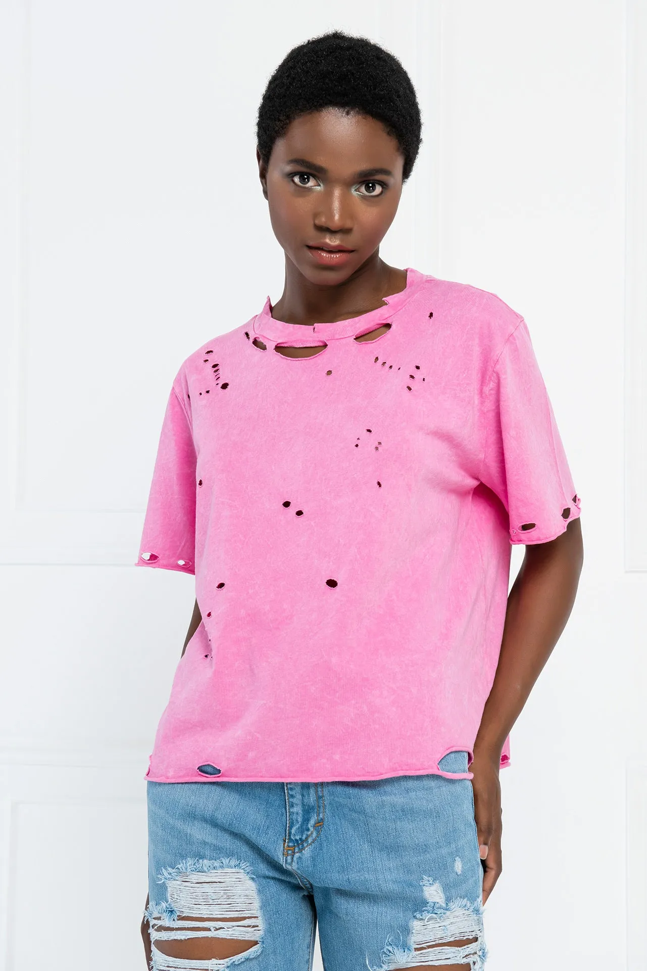 Distressed Pastel Acid Wash Boyfriend T-Shirt - Pink