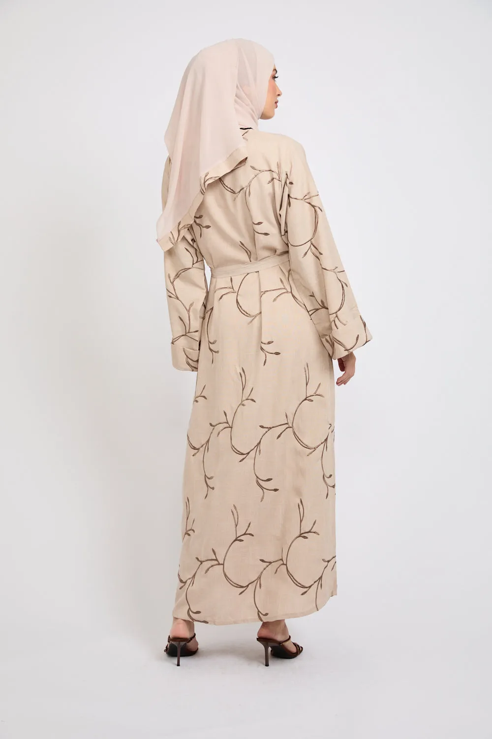 Four Piece Embroidered Open Abaya Set - Oak Wood