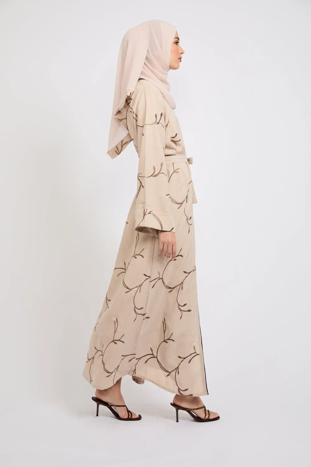 Four Piece Embroidered Open Abaya Set - Oak Wood