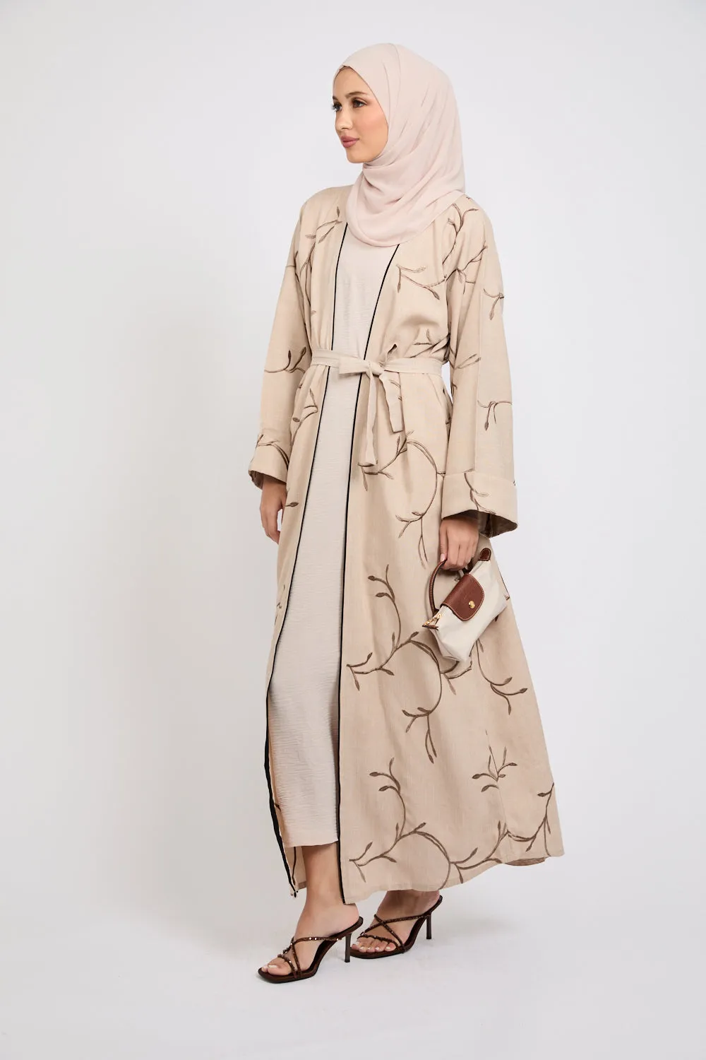 Four Piece Embroidered Open Abaya Set - Oak Wood