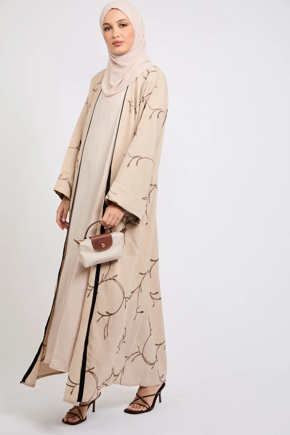 Four Piece Embroidered Open Abaya Set - Oak Wood
