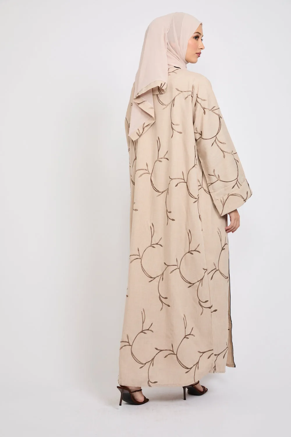 Four Piece Embroidered Open Abaya Set - Oak Wood