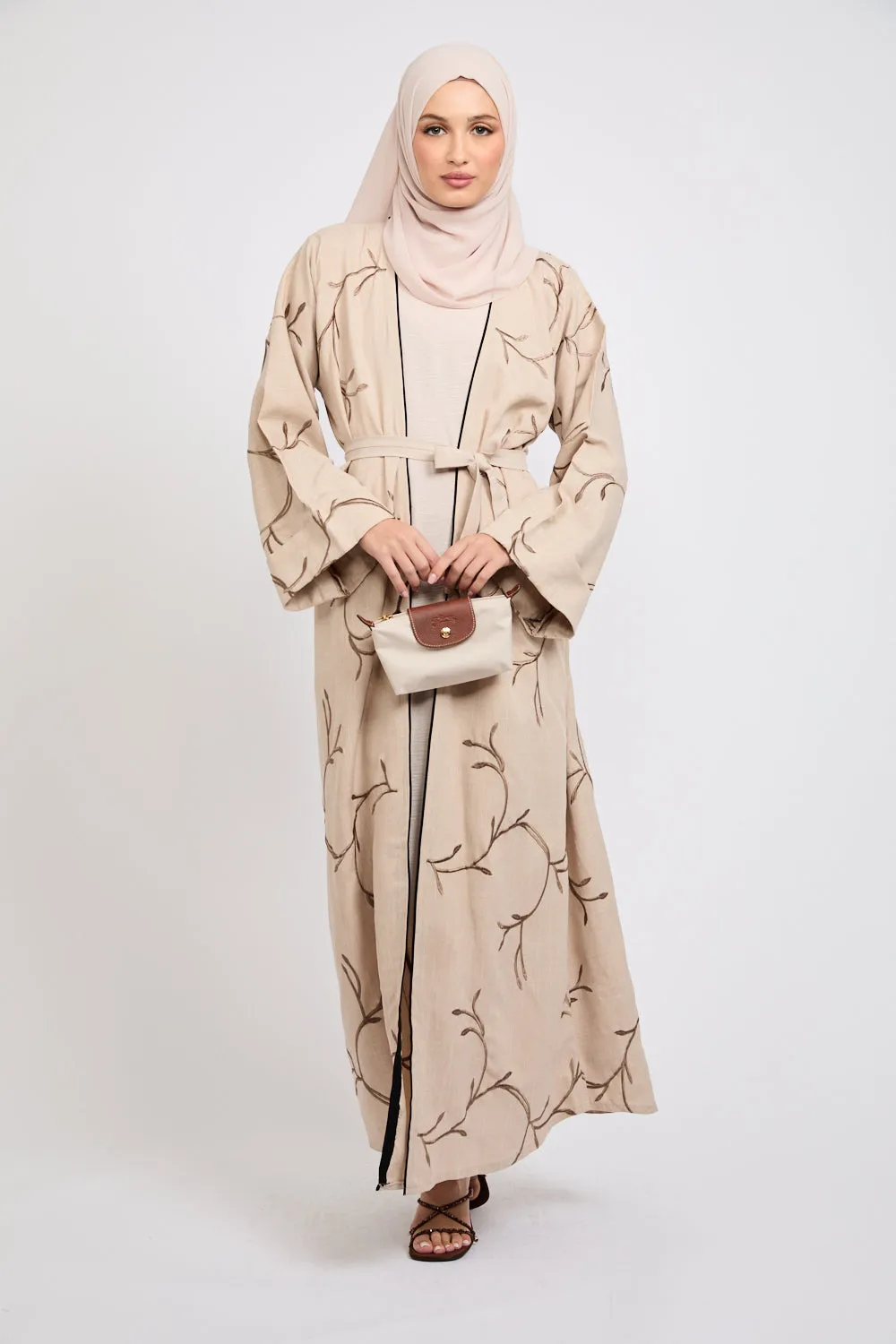 Four Piece Embroidered Open Abaya Set - Oak Wood