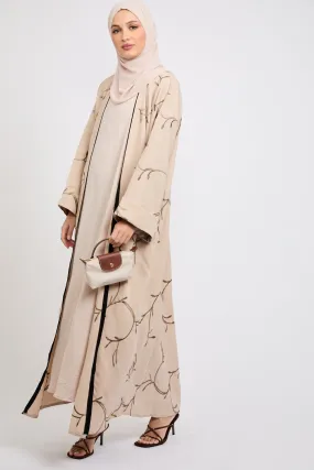 Four Piece Embroidered Open Abaya Set - Oak Wood