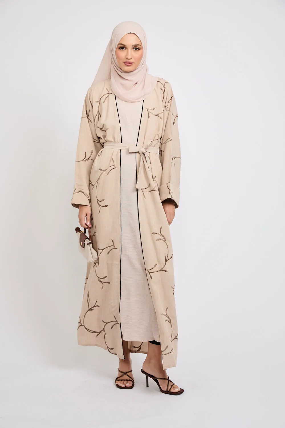 Four Piece Embroidered Open Abaya Set - Oak Wood