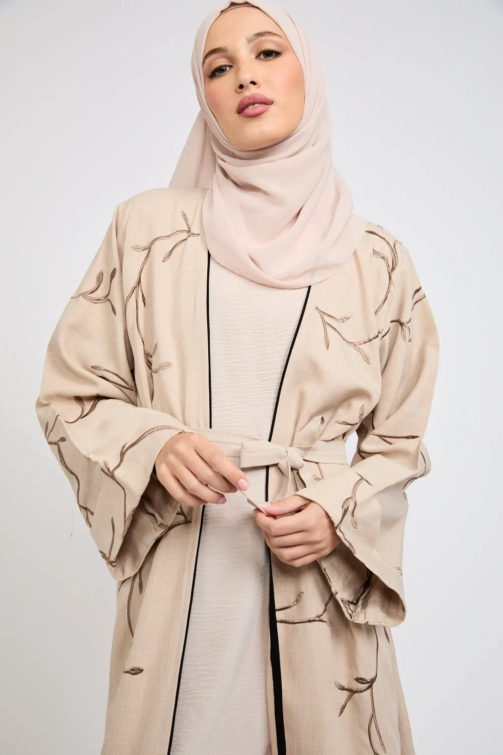 Four Piece Embroidered Open Abaya Set - Oak Wood