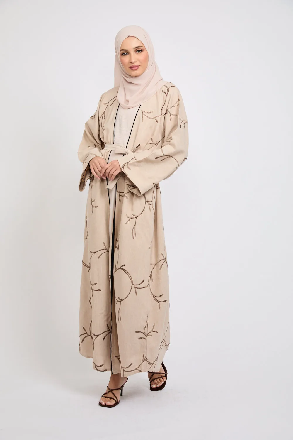 Four Piece Embroidered Open Abaya Set - Oak Wood