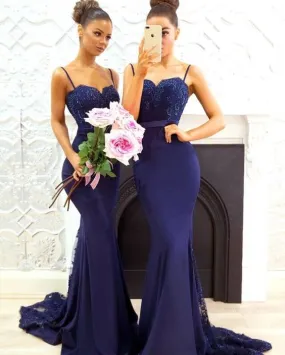 Mermaid Spaghetti Straps Navy Blue Bridesmaid Dress
