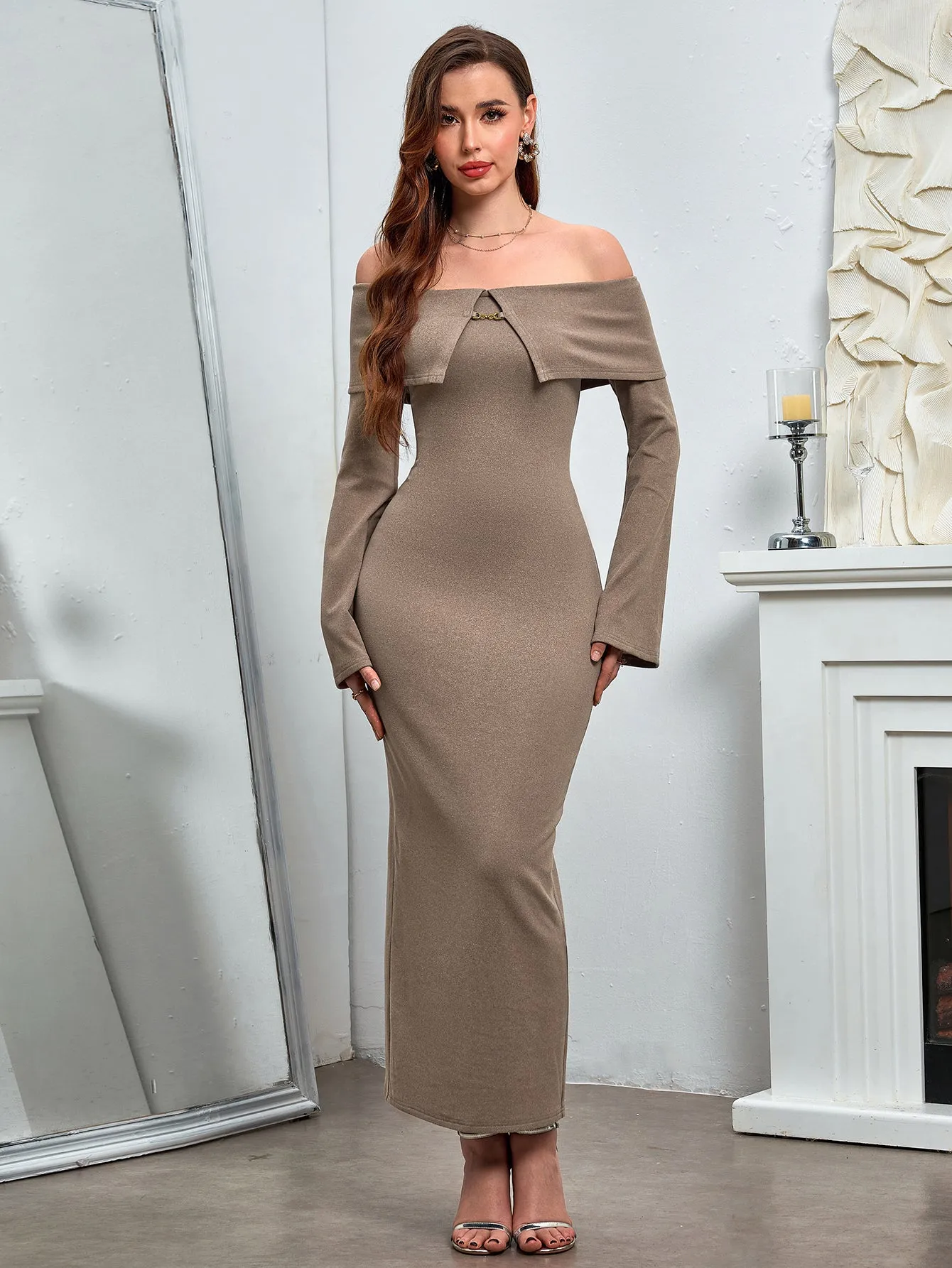 Off Shoulder Flounce Sleeve Mermaid Dress