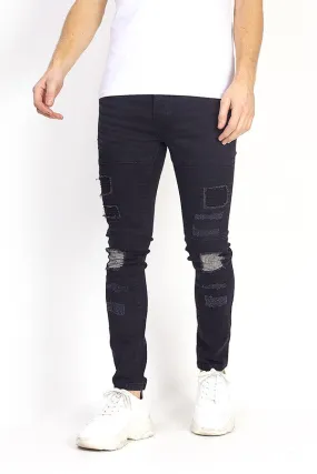 PATCH DETAIL BIKER STYLE CHARCOAL SKINNY JEANS
