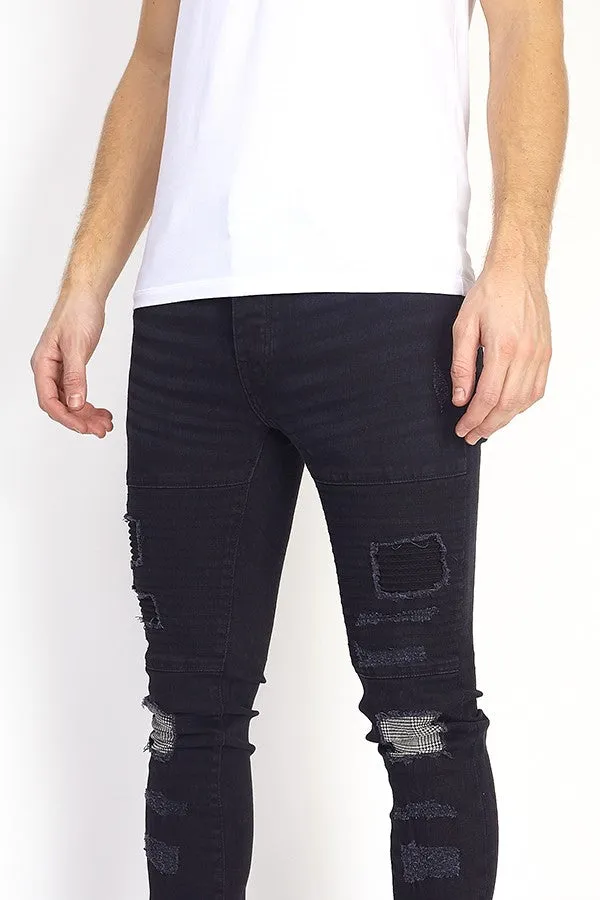 PATCH DETAIL BIKER STYLE CHARCOAL SKINNY JEANS