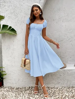 Puff Sleeve Ruched Bust Button Midi Dress