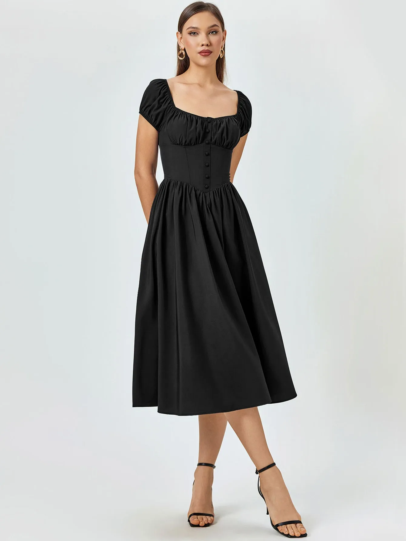 Puff Sleeve Ruched Bust Button Midi Dress