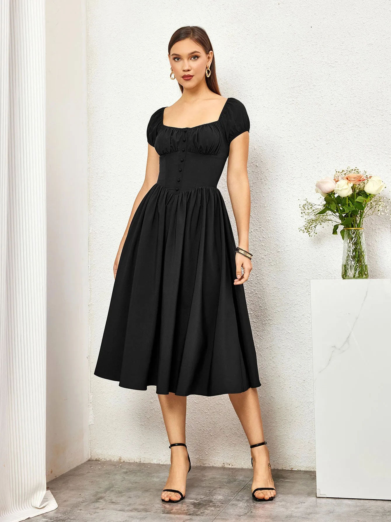 Puff Sleeve Ruched Bust Button Midi Dress