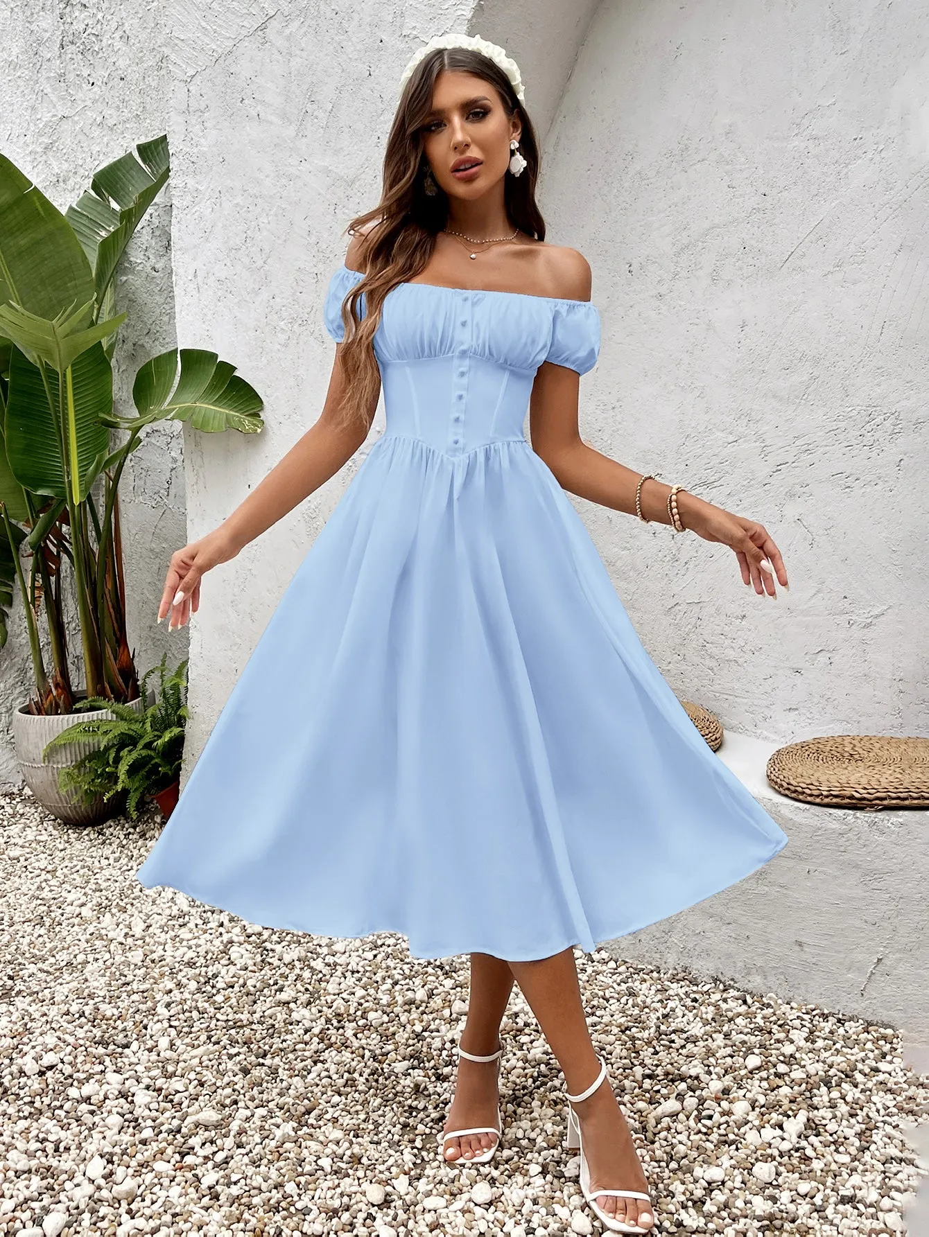 Puff Sleeve Ruched Bust Button Midi Dress