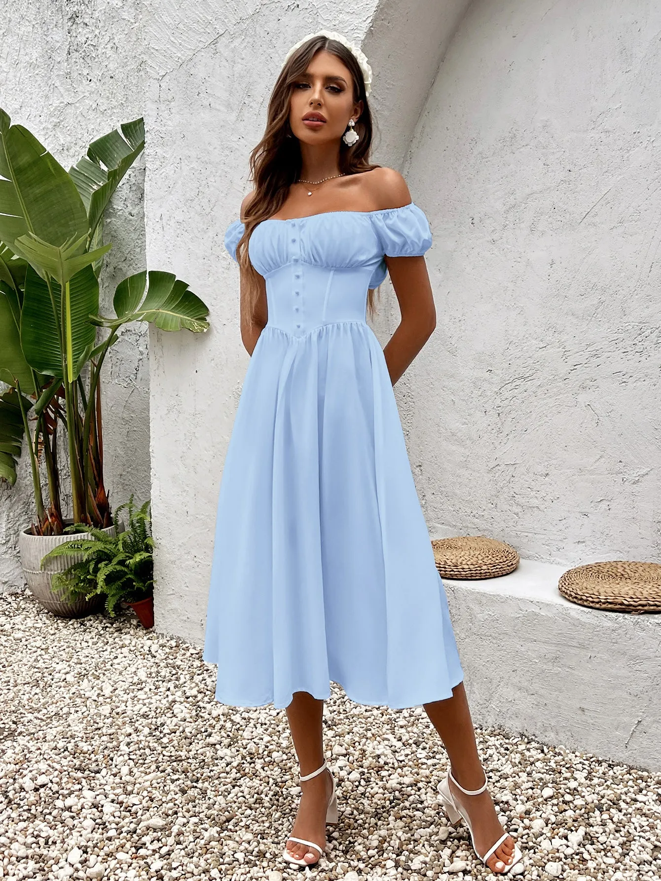 Puff Sleeve Ruched Bust Button Midi Dress