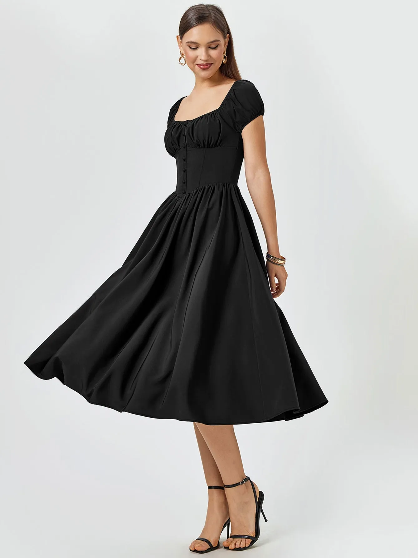 Puff Sleeve Ruched Bust Button Midi Dress