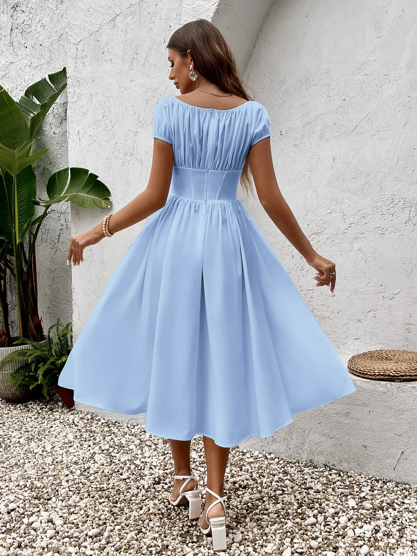 Puff Sleeve Ruched Bust Button Midi Dress
