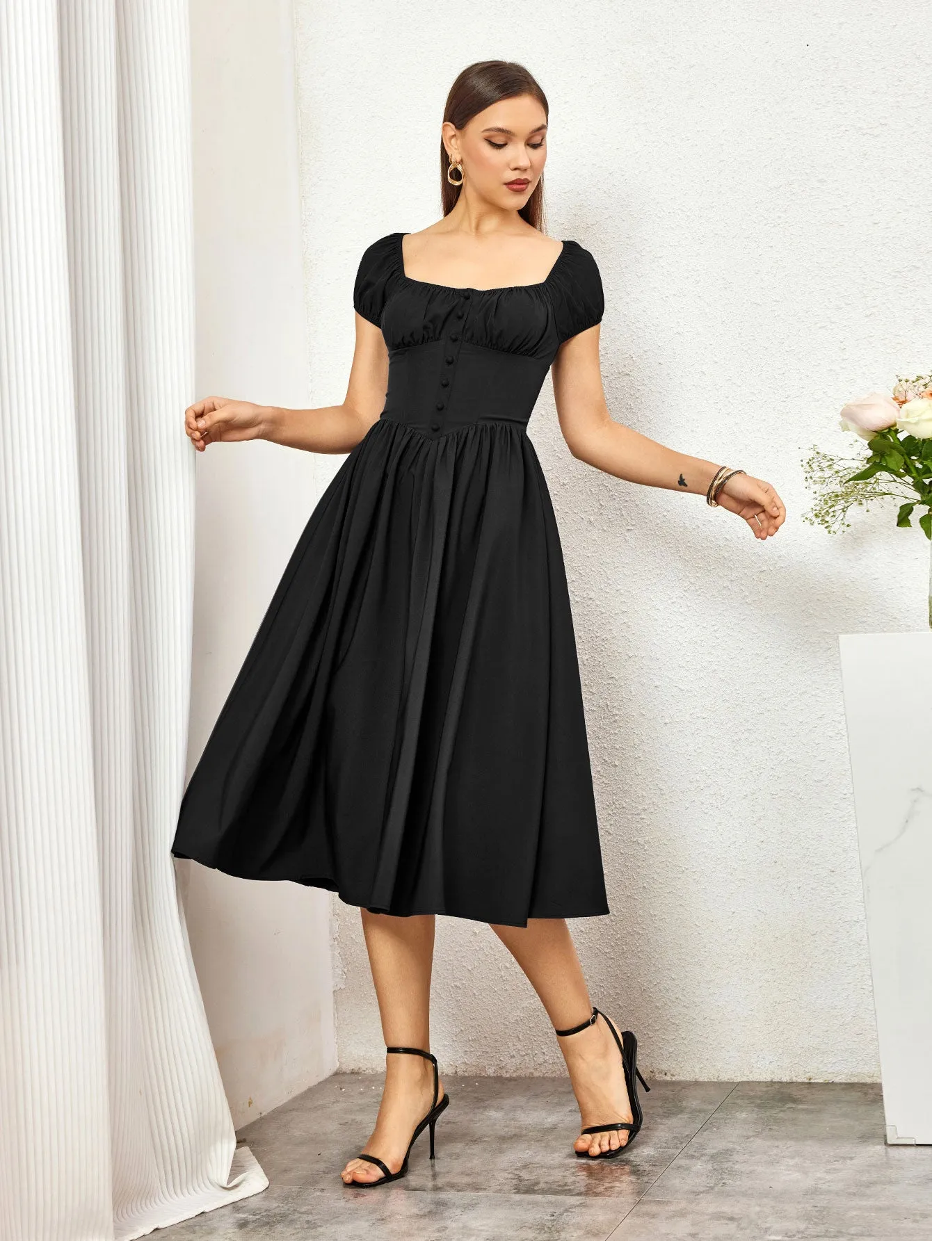 Puff Sleeve Ruched Bust Button Midi Dress