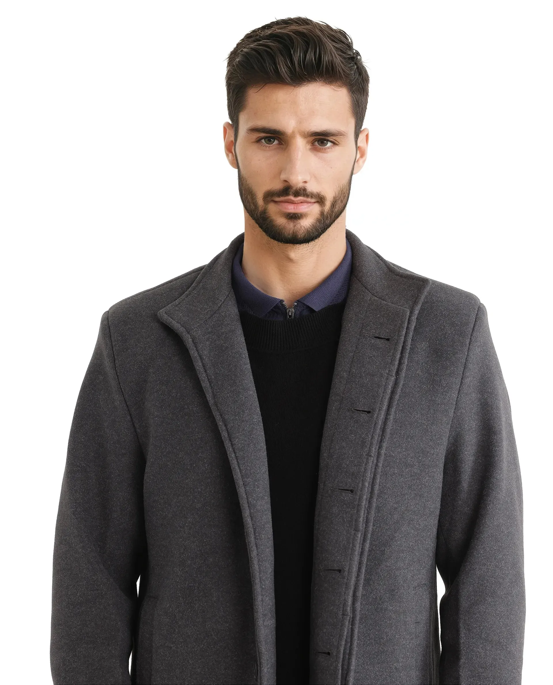 Rare Rabbit Men Dune-2 Grey Polyester Rayon Fabric Full Sleeve Round Neck Button Closure Textured Long Coat