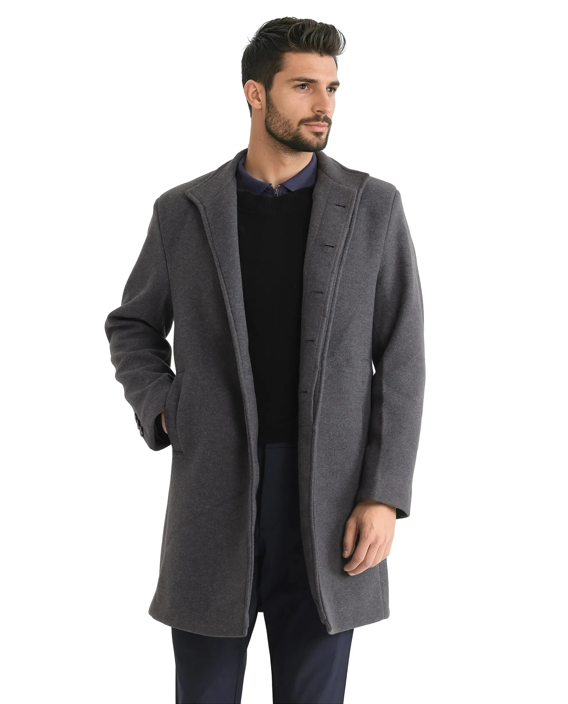 Rare Rabbit Men Dune-2 Grey Polyester Rayon Fabric Full Sleeve Round Neck Button Closure Textured Long Coat