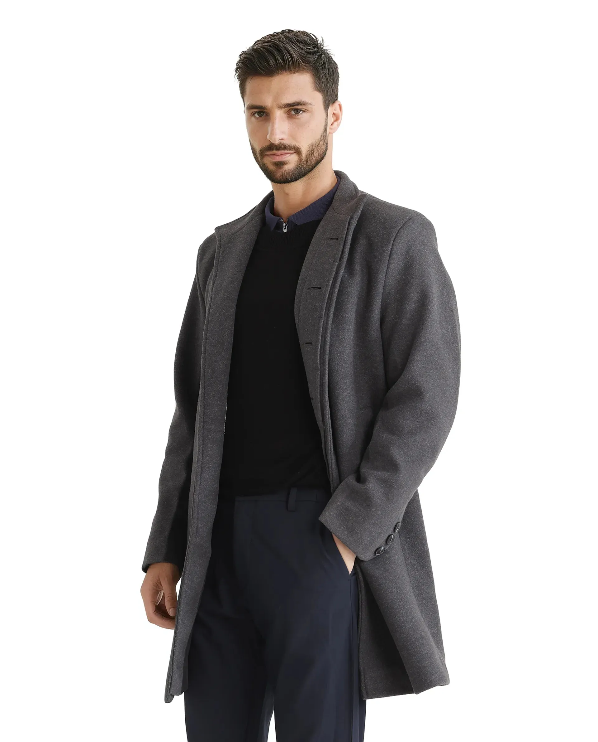 Rare Rabbit Men Dune-2 Grey Polyester Rayon Fabric Full Sleeve Round Neck Button Closure Textured Long Coat