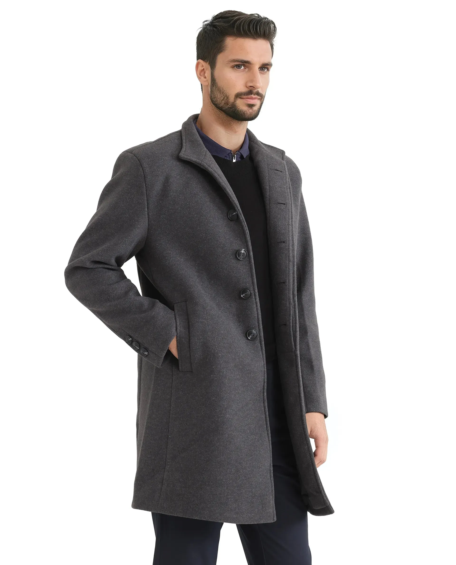 Rare Rabbit Men Dune-2 Grey Polyester Rayon Fabric Full Sleeve Round Neck Button Closure Textured Long Coat