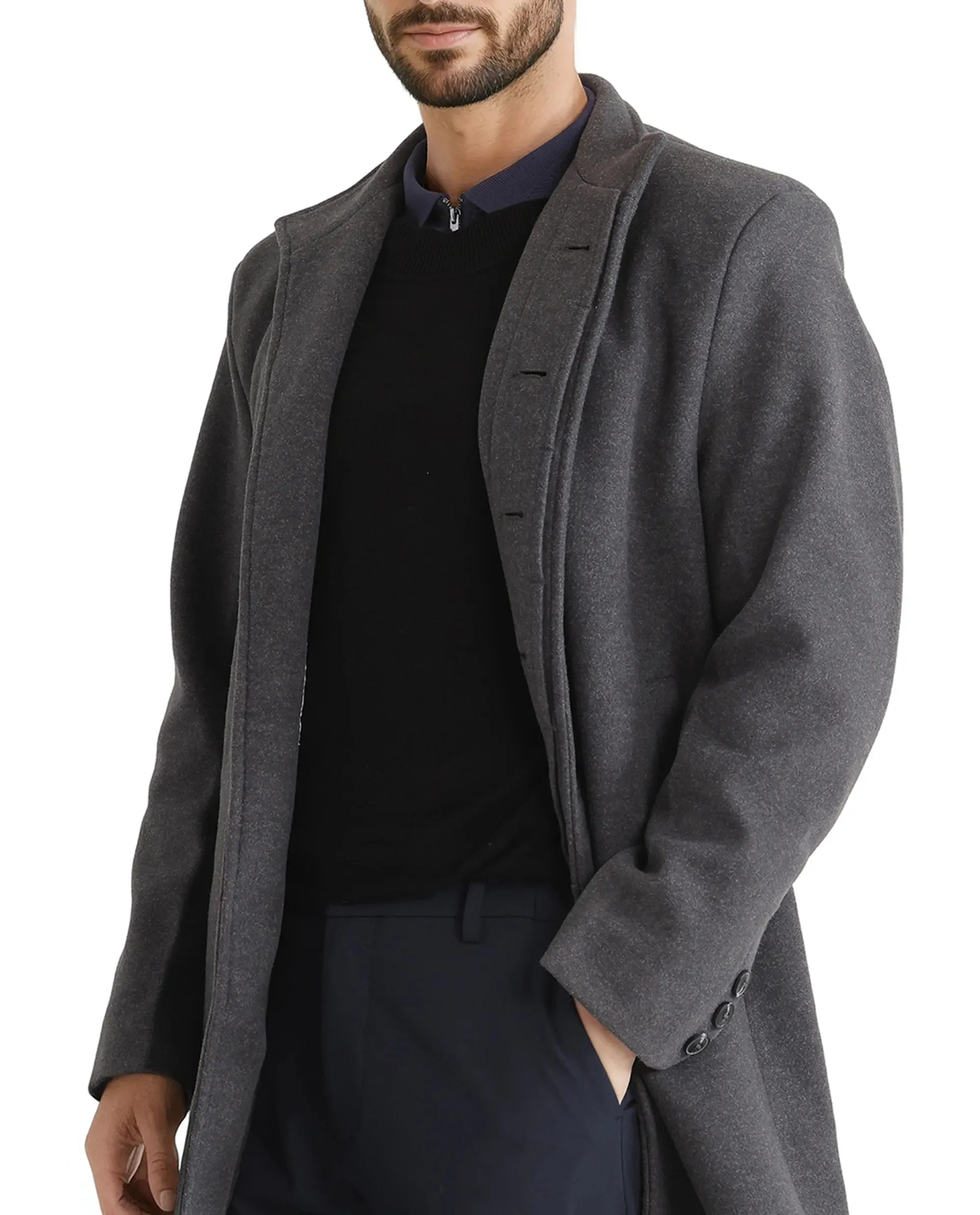 Rare Rabbit Men Dune-2 Grey Polyester Rayon Fabric Full Sleeve Round Neck Button Closure Textured Long Coat