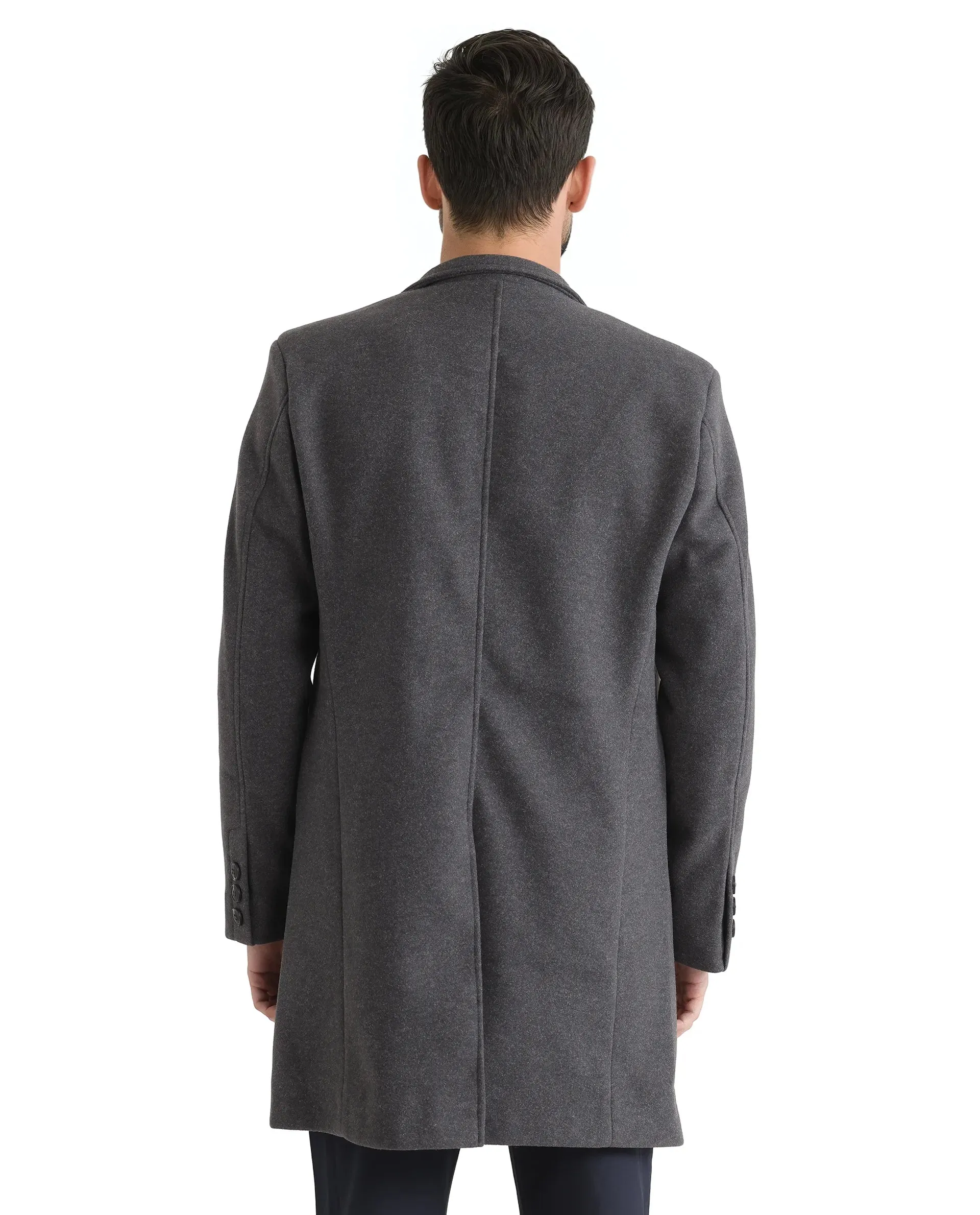 Rare Rabbit Men Dune-2 Grey Polyester Rayon Fabric Full Sleeve Round Neck Button Closure Textured Long Coat