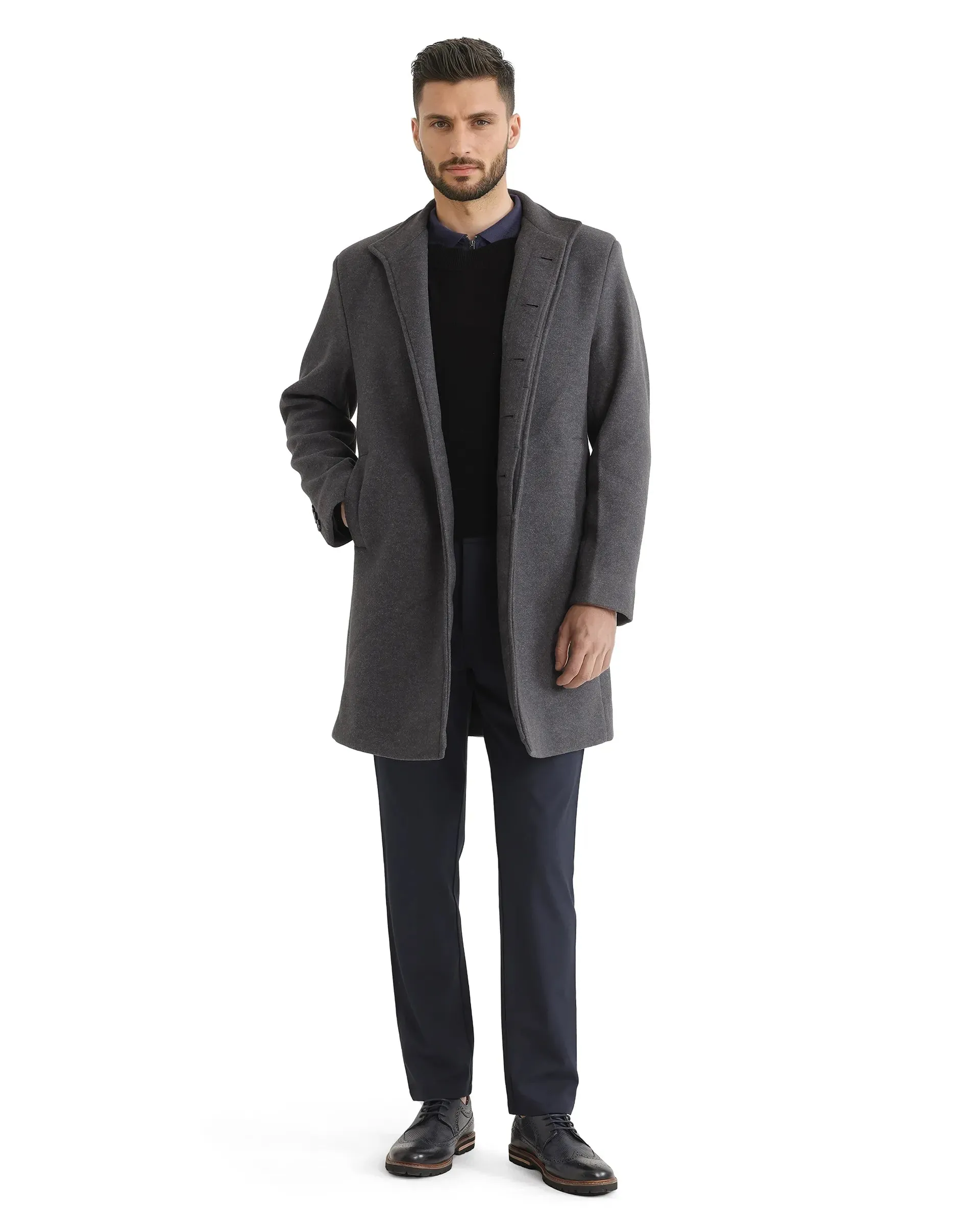 Rare Rabbit Men Dune-2 Grey Polyester Rayon Fabric Full Sleeve Round Neck Button Closure Textured Long Coat