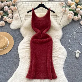 Solid Color Soft Furry Knitted Dress