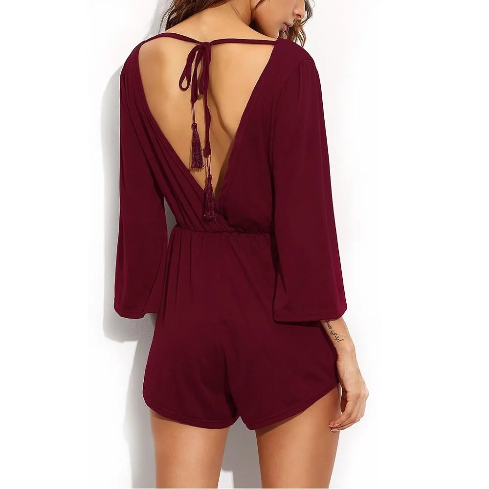 Solid Color V-neck High Waist Short Playsuits