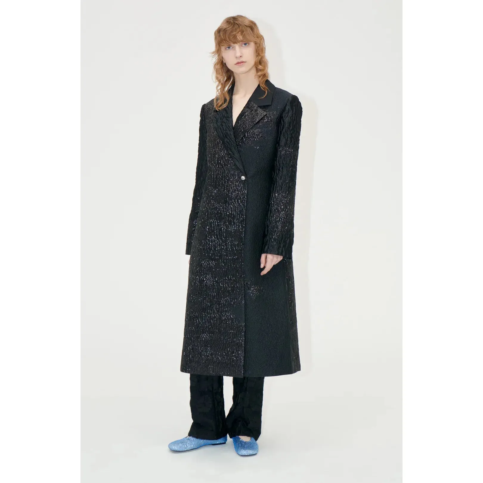 Stine Goya Long Sleeve Straight Coat in Black Impressionist Hue