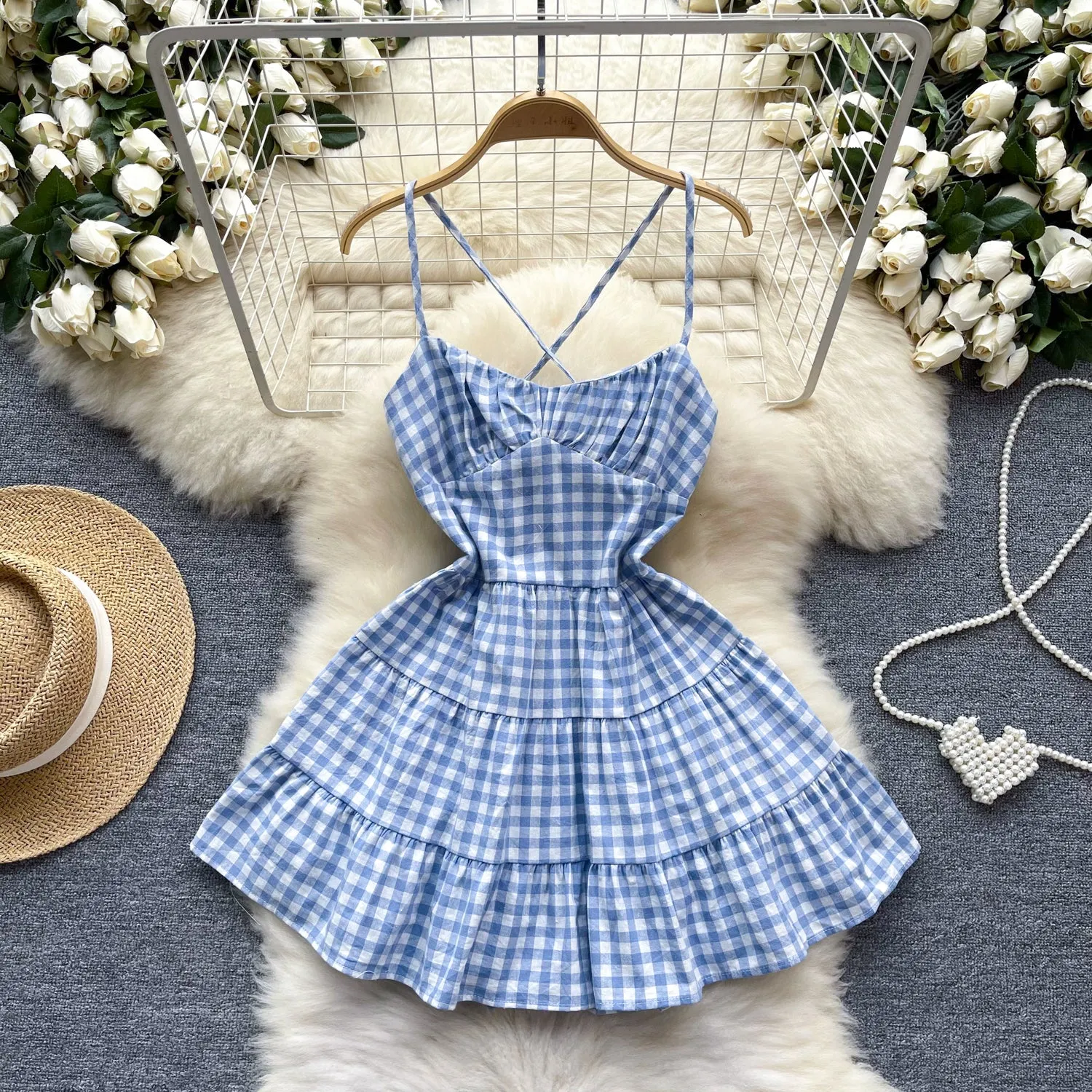 Sweetie Plaid Hollowed Halter Dress