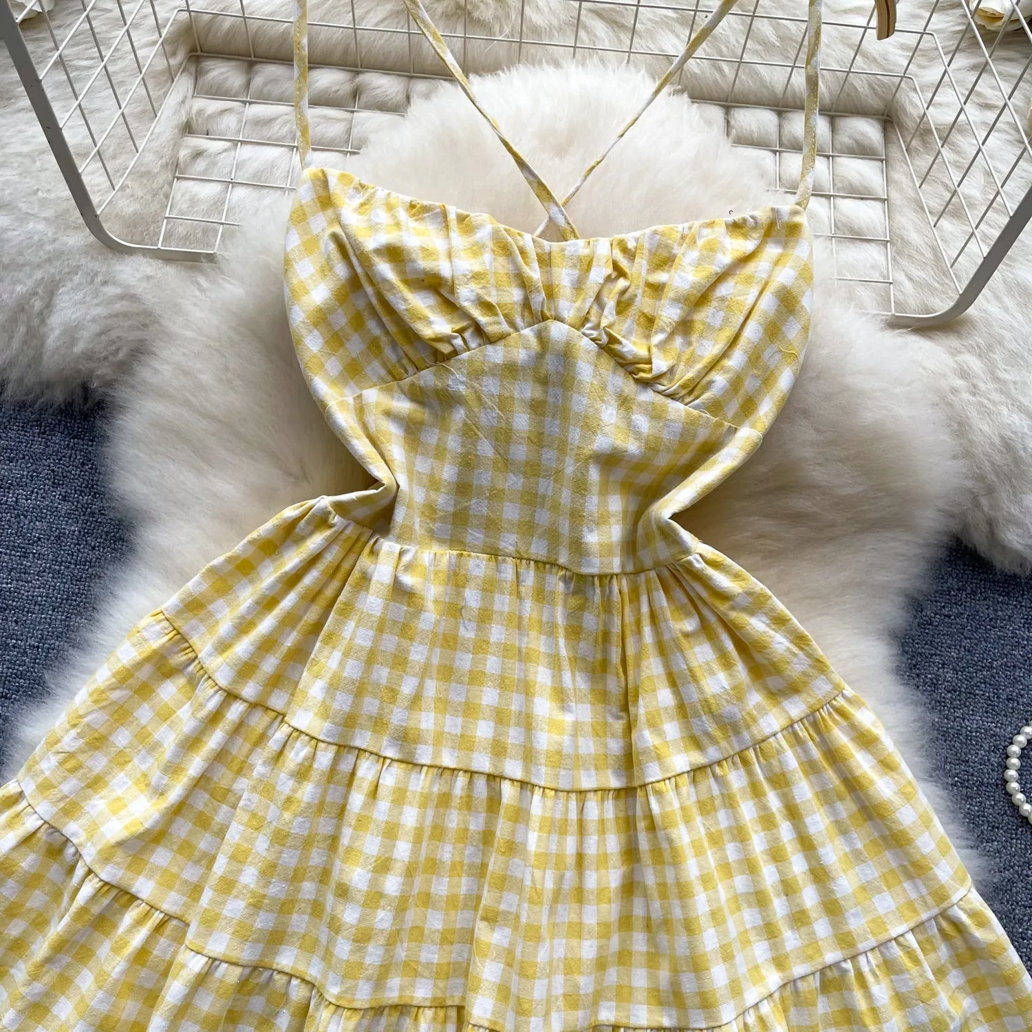 Sweetie Plaid Hollowed Halter Dress
