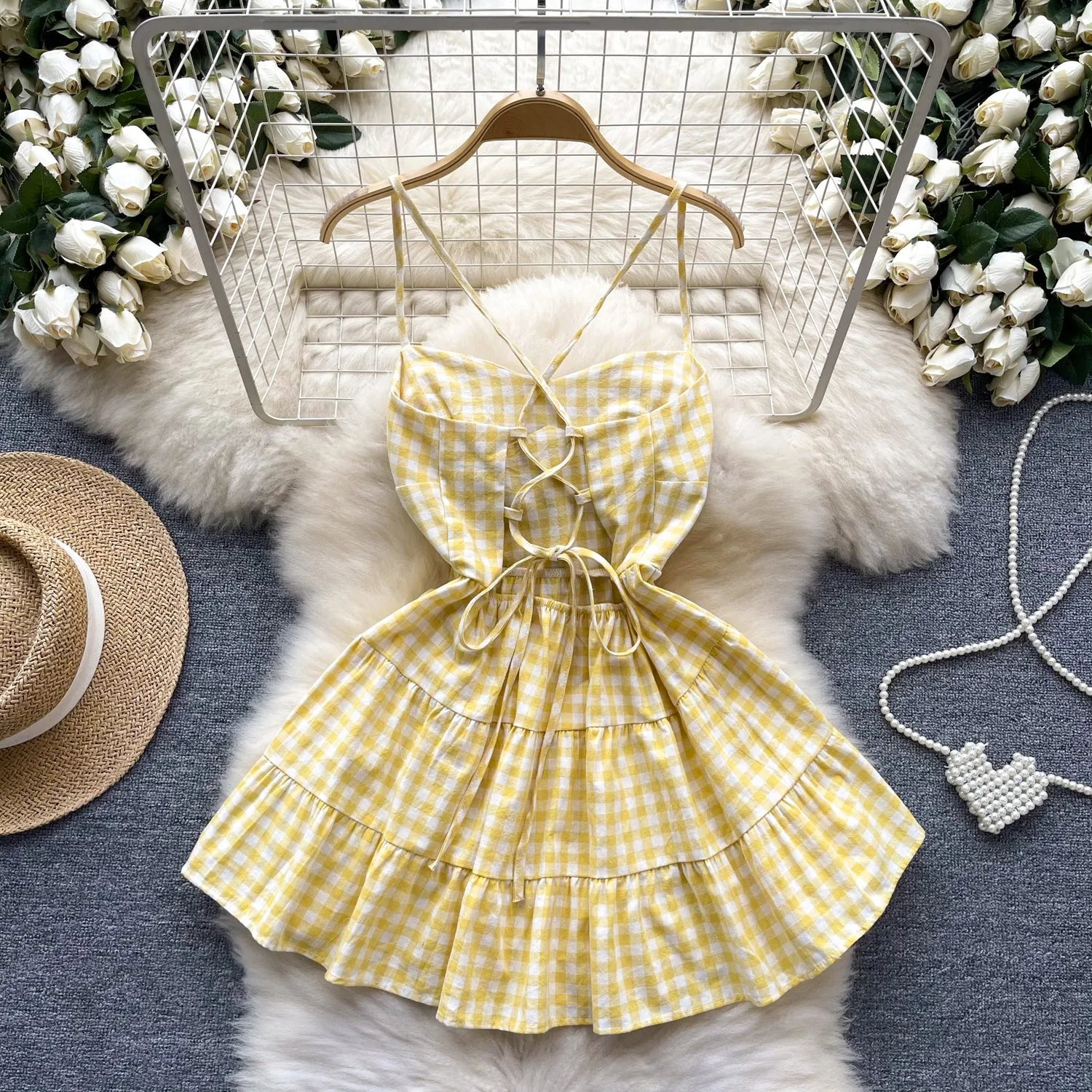 Sweetie Plaid Hollowed Halter Dress
