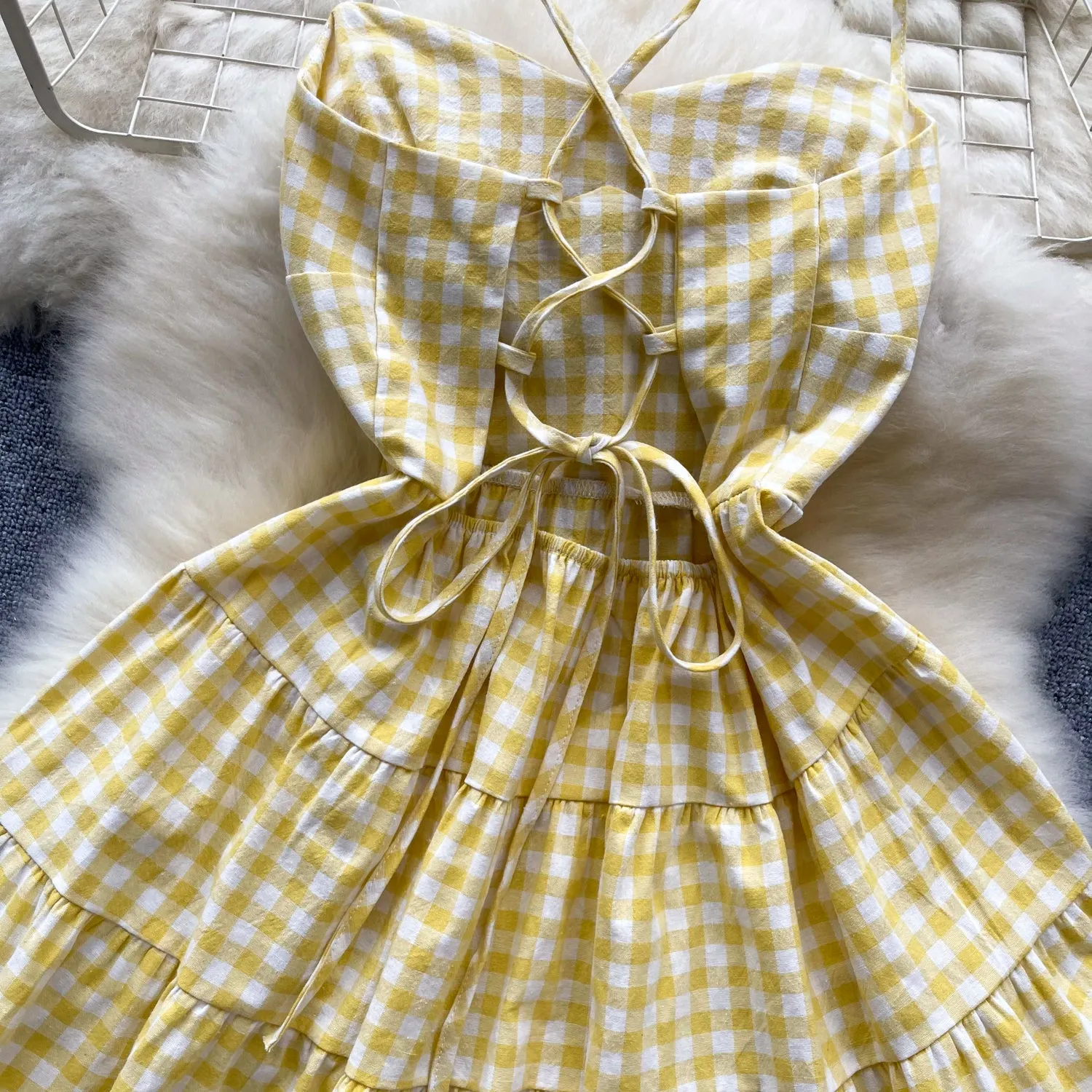 Sweetie Plaid Hollowed Halter Dress