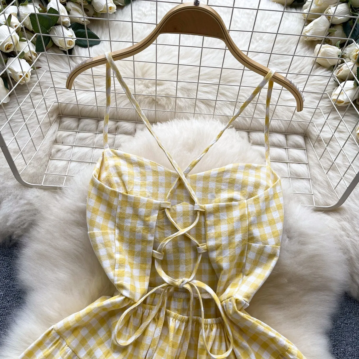 Sweetie Plaid Hollowed Halter Dress